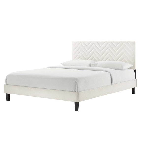 Platform Bed Frame, Tufted, Full, White, Velvet, Mid Century Bedroom, Modern Contemporary Boutique HB35609