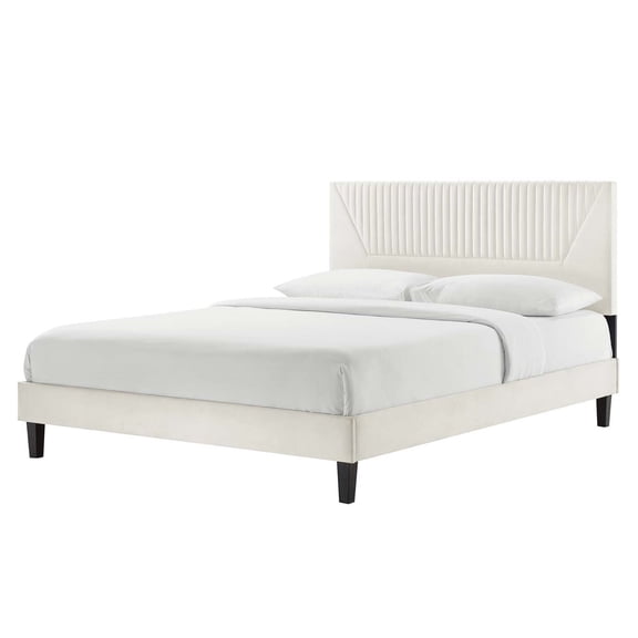 Platform Bed Frame, Tufted, Full, White, Velvet, Mid Century Bedroom, Modern Contemporary Boutique HB35617