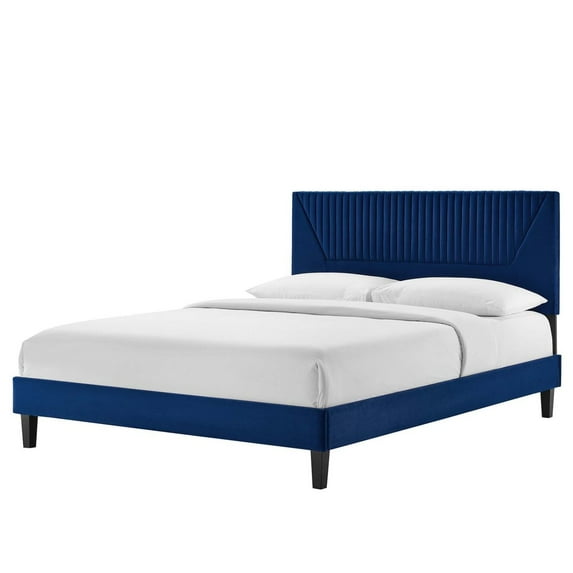 Platform Bed Frame, Tufted, King, Blue Navy, Velvet, Mid Century Bedroom, Modern Contemporary Boutique HB35650