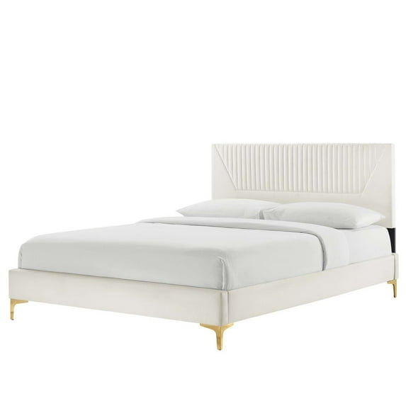 Platform Bed Frame, Tufted, King, White, Velvet, Mid Century Bedroom, Modern Contemporary Boutique HB35629