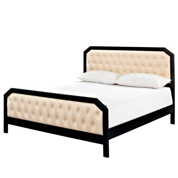 Platform Bed Frame, Tufted, Queen, Black, Faux Vinyl Leather, Bedroom, Modern Contemporary HB34969