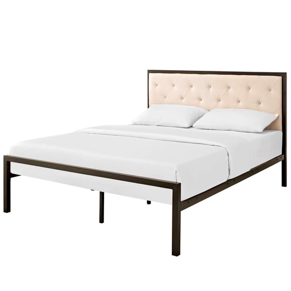 Platform Bed Frame, Tufted, Queen Size, Beige, Fabric, Bedroom, Modern Contemporary HB34985