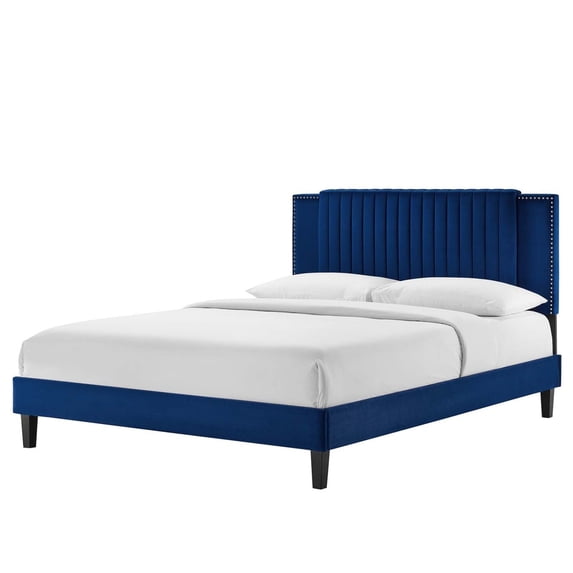 Platform Bed Frame, Tufted, Rivet Nailhead, Full, Blue Navy, Velvet, Mid Century Bedroom, Modern Contemporary Boutique HB35611