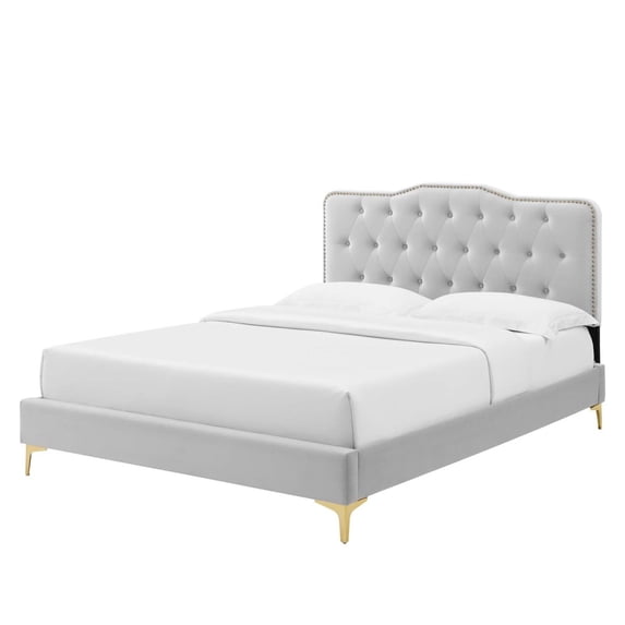 Platform Bed Frame, Tufted, Rivet Nailhead, Full Size, Light Grey Gray, Fabric, Bedroom, Modern Contemporary HB35330