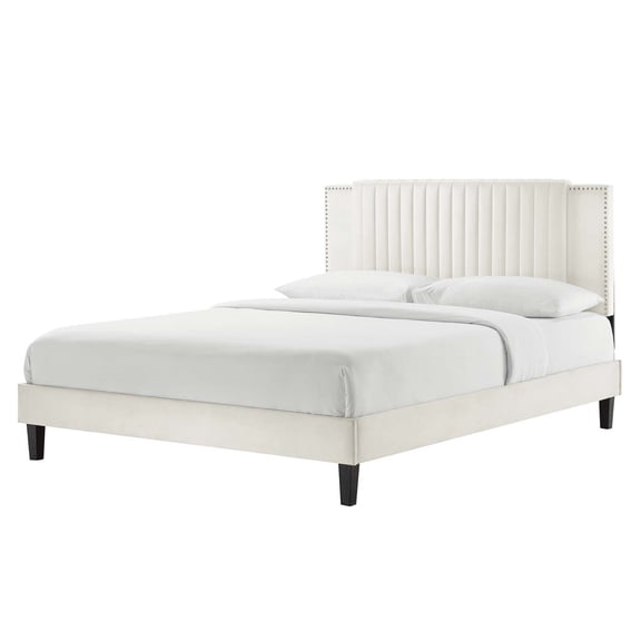 Platform Bed Frame, Tufted, Rivet Nailhead, Full Size, White, Velvet, Mid Century Bedroom, Modern Contemporary Boutique HB35612