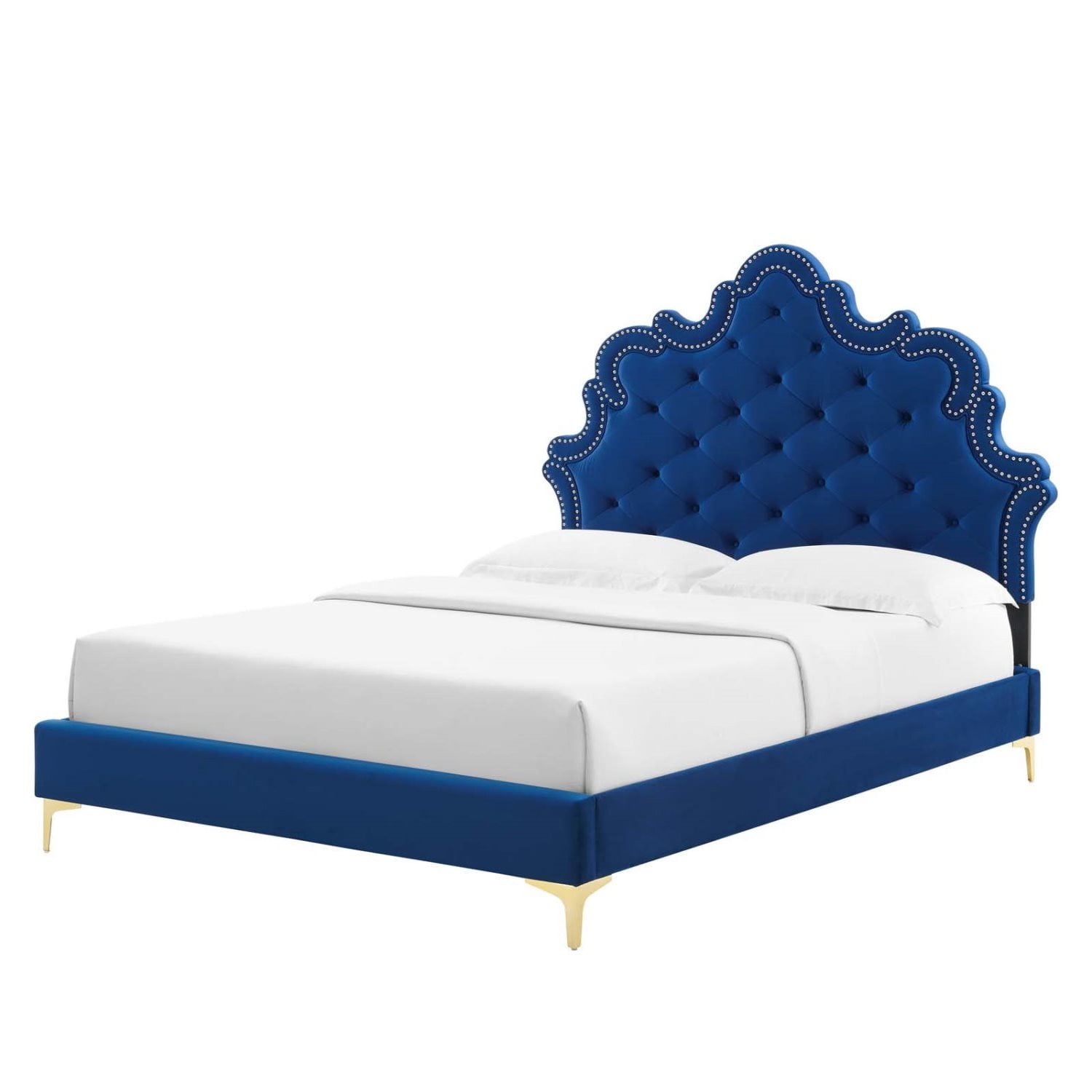 Platform Bed Frame, Tufted, Rivet Nailhead, King Size, Blue Navy