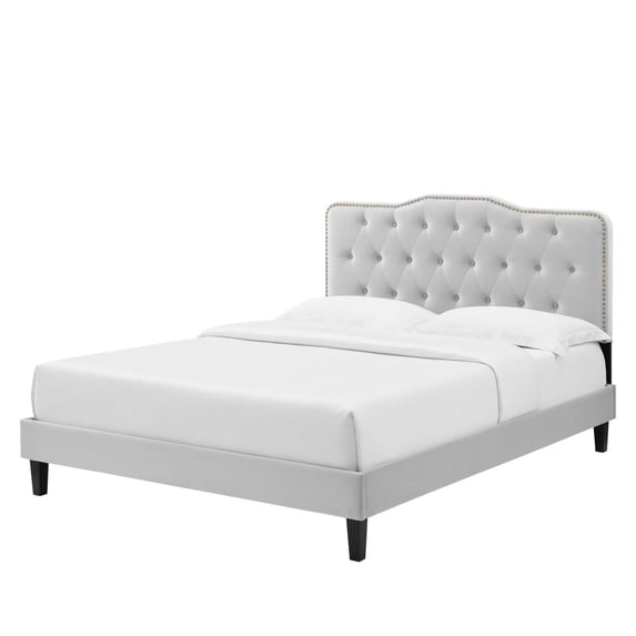 Platform Bed Frame, Tufted, Rivet Nailhead, Twin, Light Grey Gray, Velvet, Bedroom, Modern Contemporary Boutique HB35327