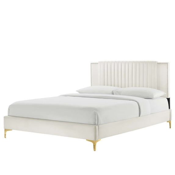 Platform Bed Frame, Tufted, Rivet Nailhead, Twin Size, White, Velvet, Mid Century Bedroom, Modern Contemporary Boutique HB35561