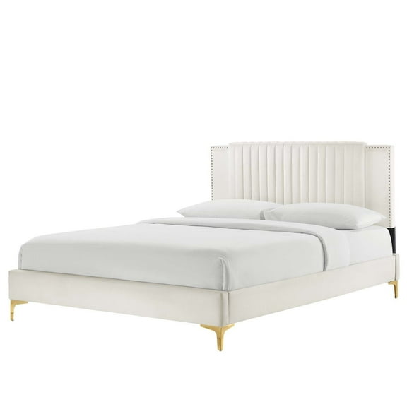 Platform Bed Frame, Tufted, Rivet Nailhead, Twin Size, White, Velvet, Mid Century Bedroom, Modern Contemporary Boutique HB35561