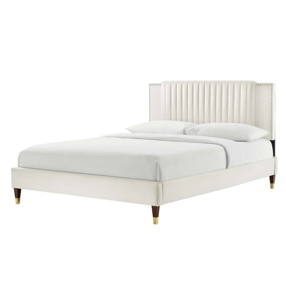 Platform Bed Frame, Tufted, Rivet Nailhead, White, Velvet, Mid Century Bedroom, Modern Contemporary Boutique HB35524