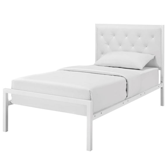Platform Bed Frame, Tufted, Twin, White, Faux Vinyl Leather, Bedroom, Modern Contemporary HB34983