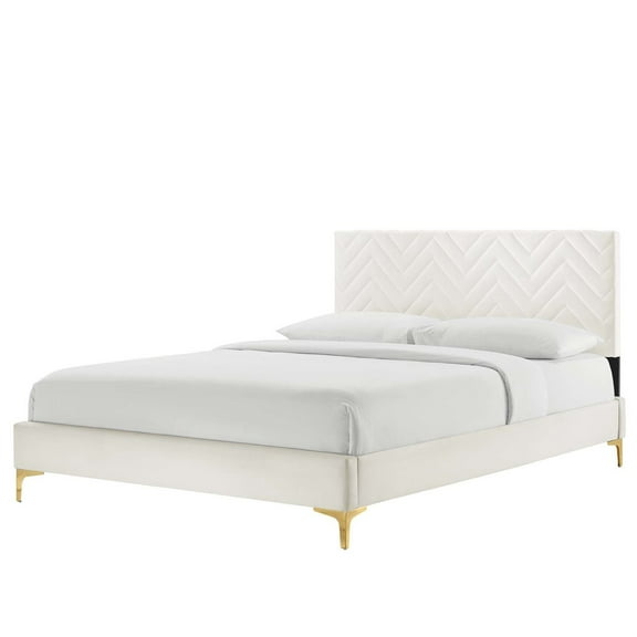 Platform Bed Frame, Tufted, Twin, White, Velvet, Mid Century Bedroom, Modern Contemporary Boutique HB35558