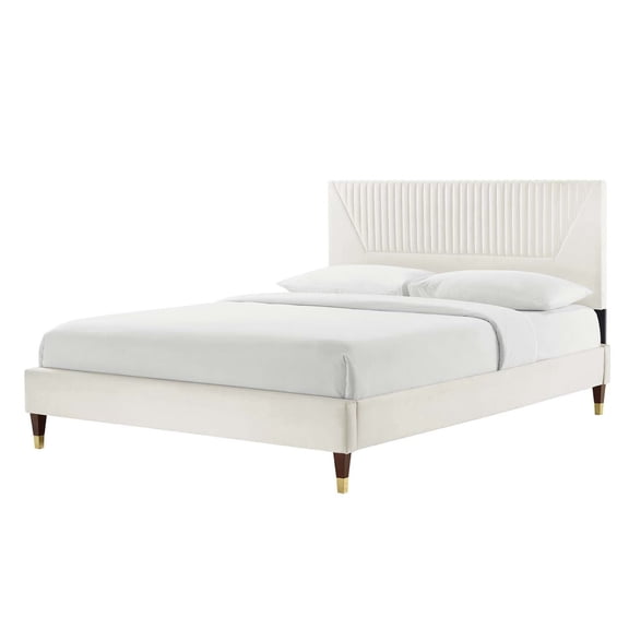 Platform Bed Frame, Tufted, White, Velvet, Mid Century Bedroom, Modern Contemporary Boutique HB35529