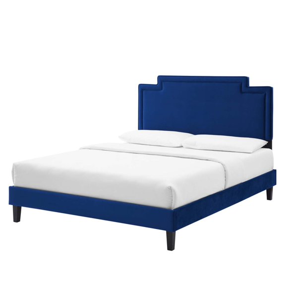 Platform Bed Frame, Twin, Blue Navy, Velvet, Mid Century French Bedroom, Modern Contemporary Boutique HB35375
