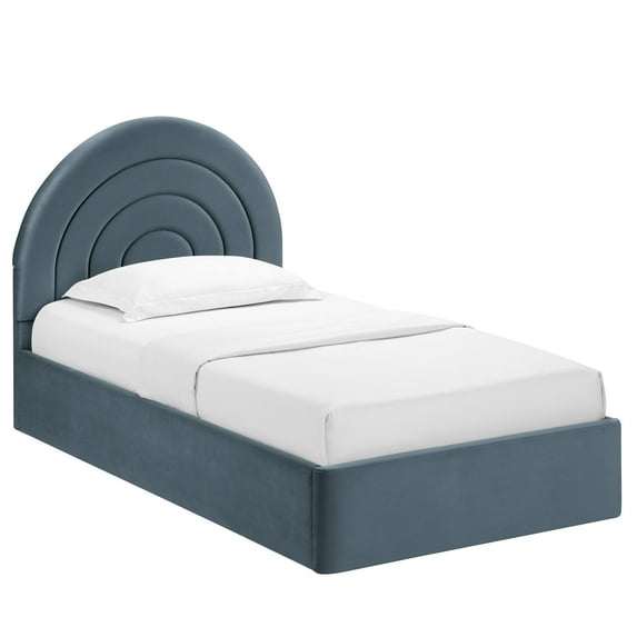 Platform Bed Frame, Twin, Blue, Velvet, Hotel Bedroom, Modern Contemporary, HB38098