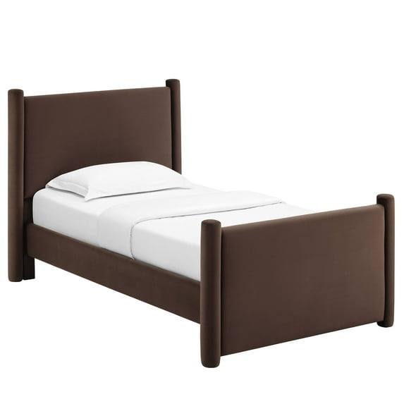 Platform Bed Frame, Twin, Brown, Velvet, Hotel Bedroom, Modern Contemporary, HB38138