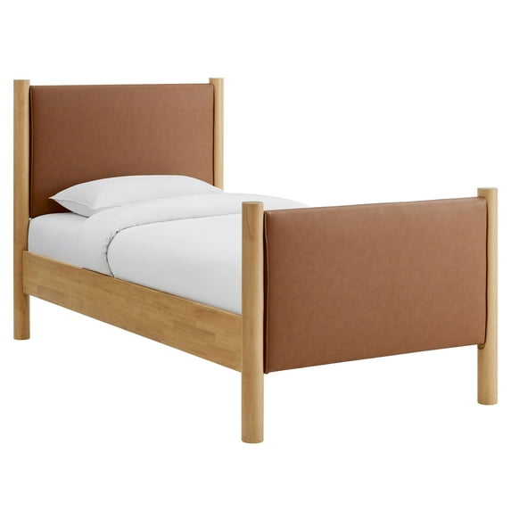 Platform Bed Frame, Twin, Oak Tan, Faux Leather, Hotel Bedroom, Modern Contemporary, HB38177