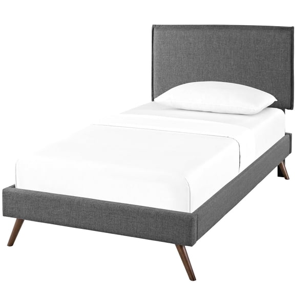 Platform Bed Frame, Twin Size, Grey Gray, Fabric, Mid Century Bedroom, Modern Contemporary HB35108