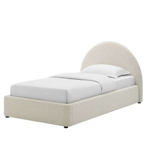 Platform Bed Frame, Twin Size, Ivory White, Fabric, Bedroom, Modern Contemporary HB36776