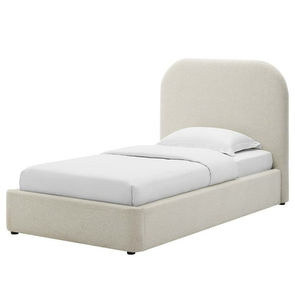 Platform Bed Frame, Twin Size, Ivory White, Fabric, Bedroom, Modern Contemporary HB36796