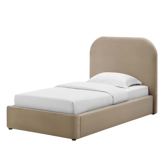 Platform Bed Frame, Twin Size, Taupe Gray, Velvet, Bedroom, Modern Contemporary Boutique HB36800