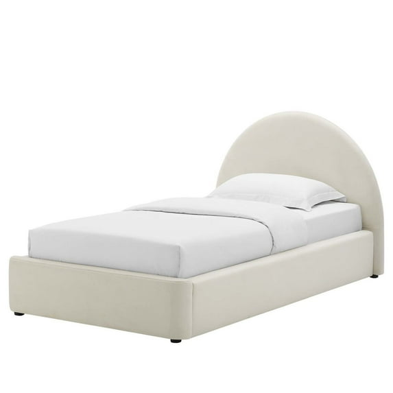 Platform Bed Frame, Twin Size, White, Velvet, Bedroom, Modern Contemporary Boutique HB36779