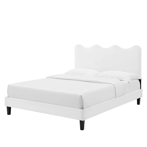 Platform Bed Frame, Twin Size, White, Velvet, Modern Contemporary, Bedroom Master Guest Suite Room