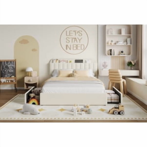 Platform Bed Frame with Upholstered Headboard and Wooden Slats Support,Noise Free Bedframe with 2 Rolling Drawers,Upholstered Mattress Foundation/No Box Spring Needed/Easy Assembly