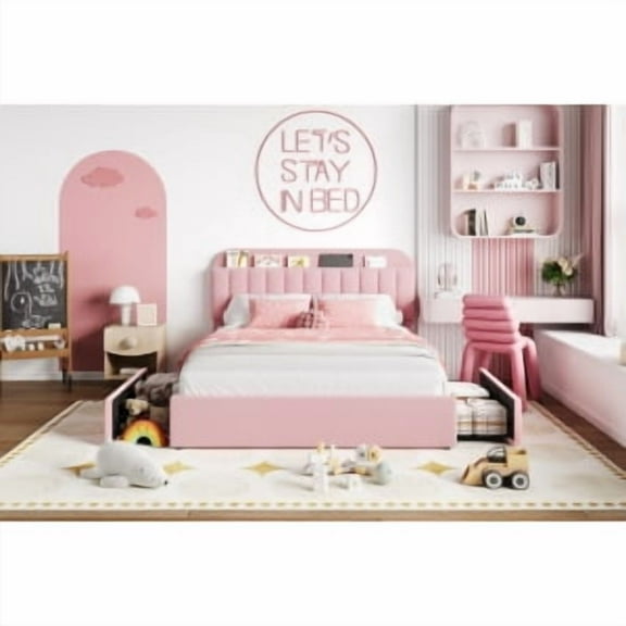 Platform Bed Frame with Upholstered Headboard and Wooden Slats Support,Noise Free Bedframe with 2 Rolling Drawers,Upholstered Mattress Foundation/No Box Spring Needed/Easy Assembly