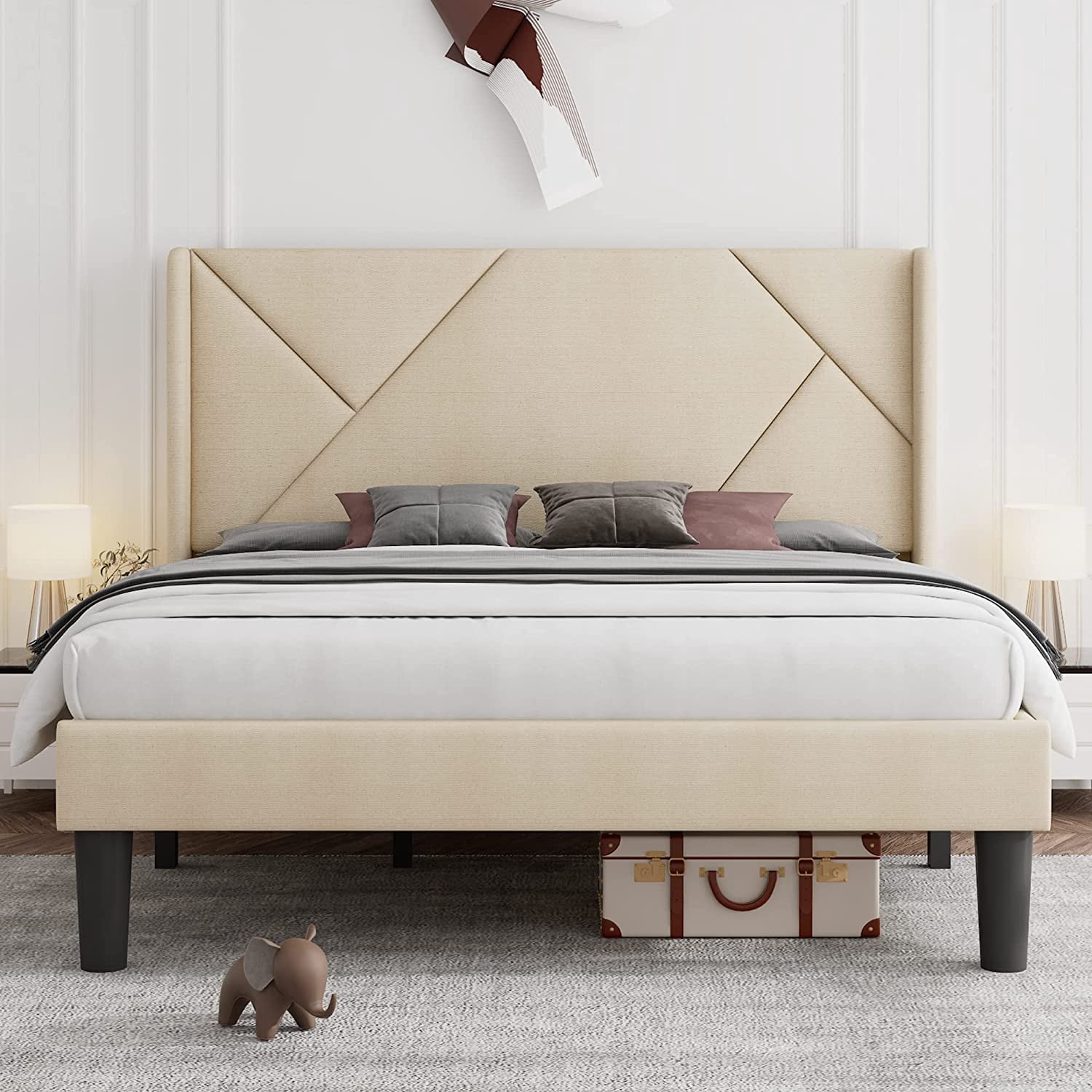 Platform Bed Frame with Wingback Headboard Geometric Upholstered Heavy ...