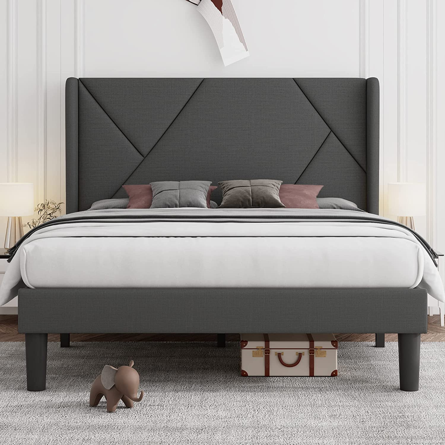 Platform Bed Frame with Wingback Headboard Geometric Upholstered Heavy ...