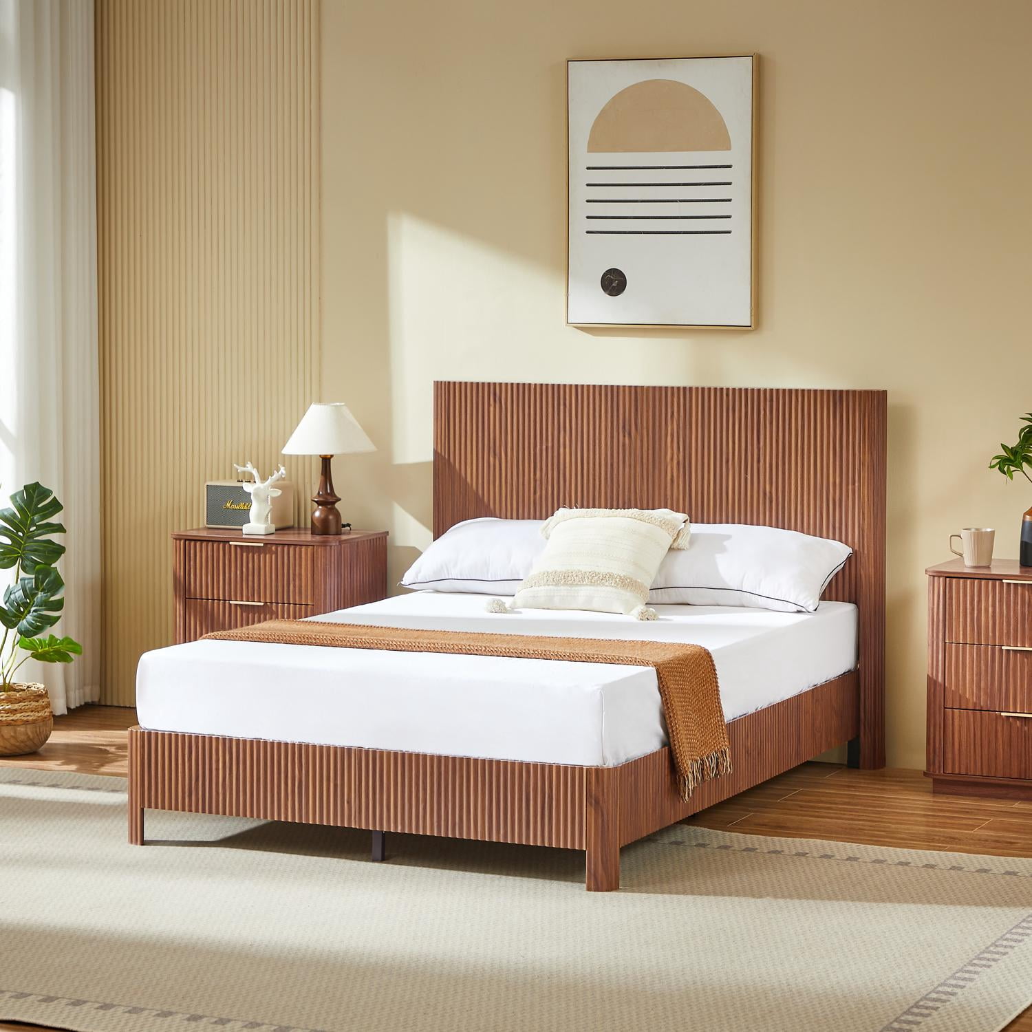Platform Bed Frame, Wood Design Bed, Full Size Metal and MDF Bed Frame with 13 Slats and Rounded Corners, No Box Spring Needed, Modern Bedroom Furniture, Walnut