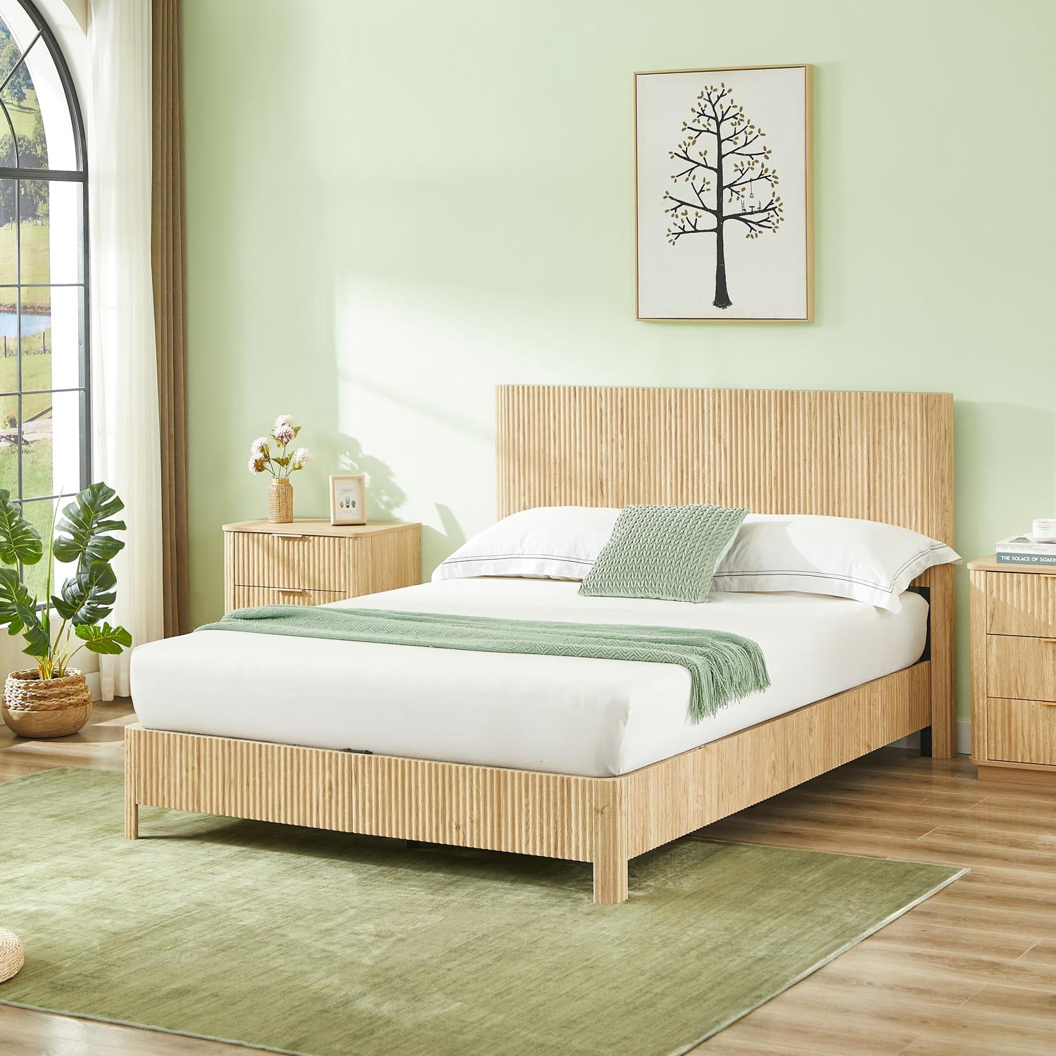 Platform Bed Frame, Wood Design Bed, Queen Size Metal and MDF Bed Frame with 13 Slats and Rounded Corners, No Box Spring Needed, Modern Bedroom Furniture, Oak