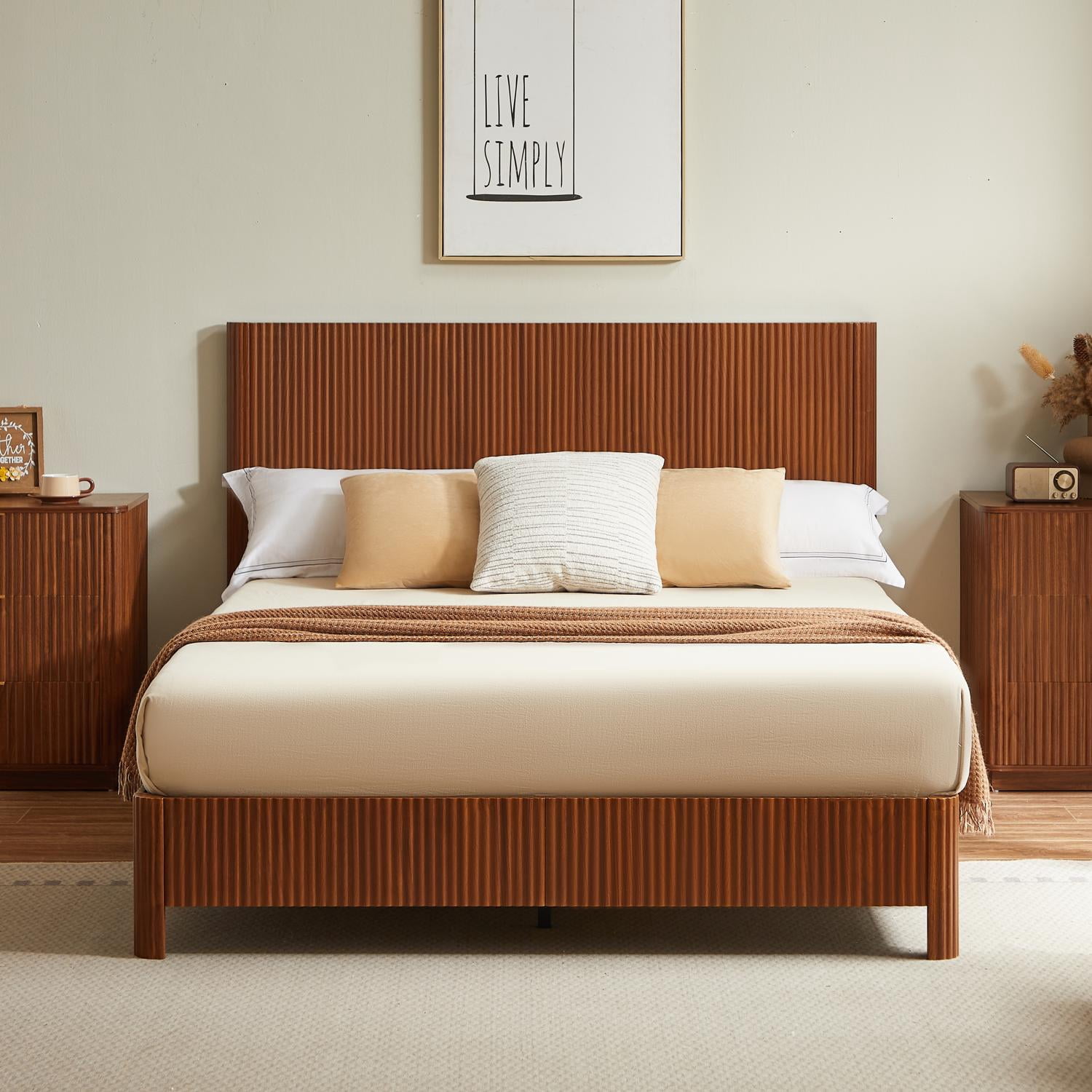 Platform Bed Frame, Wood Design Bed, Queen Size Metal and MDF Bed Frame with 13 Slats and Rounded Corners, No Box Spring Needed, Modern Bedroom Furniture, Walnut