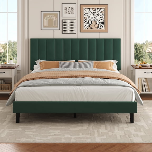Queen Adjustable Vertical Channel Tufted Bed Frame – Velvet Upholstered Platform Bed with 1,004 lbs Capacity, No Box Spring Needed, Easy Assembly, Green