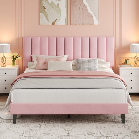 Full Adjustable Vertical Channel Tufted Bed Frame – Velvet Upholstered Platform Bed with 1,007 lbs Capacity, No Box Spring Needed, Easy Assembly, Pink