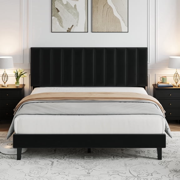 King Adjustable Vertical Channel Tufted Bed Frame – Velvet Upholstered Platform Bed with 1,011 lbs Capacity, No Box Spring Needed, Easy Assembly, Black