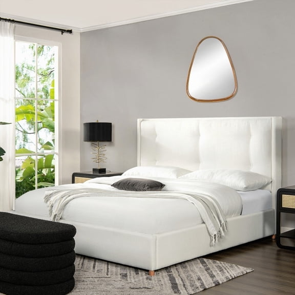 Platform Bed Frame by Miramar, Antique White Polyester & Contemporary Style Winged Headboard