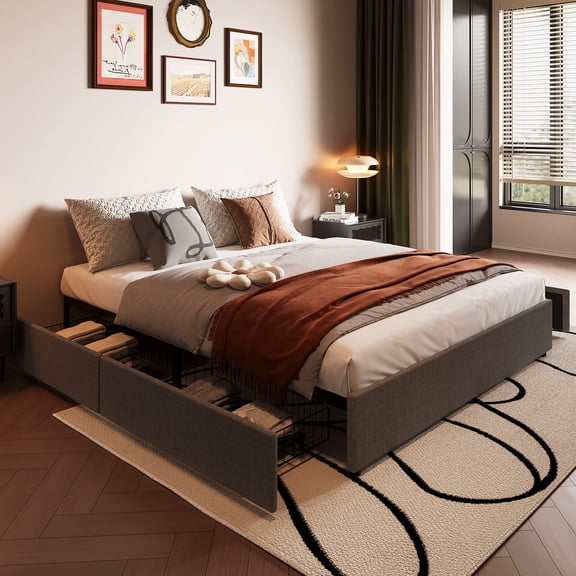 Platform Bed Frame with 4 Storage Drawers, Linen Fabric Upholstered Wooden Slats Support, No Box Spring Needed, Noise Free, Easy Assembly