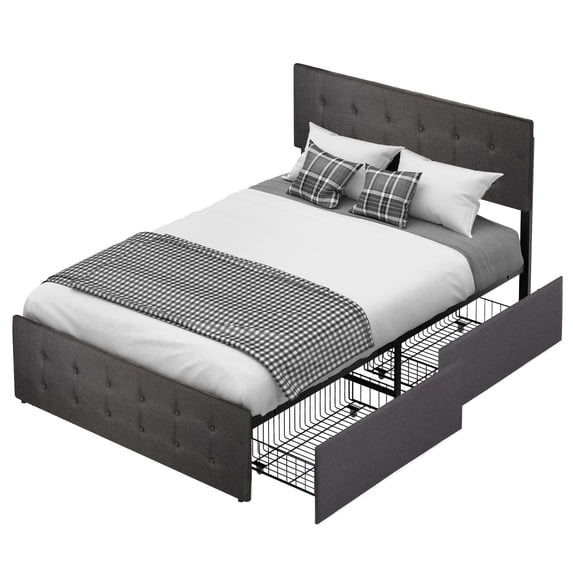 Platform Bed Frame with Headboard & 4 Storage Drawers, Button Upholstered Wood Bed Frame, Queen Size