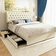 thumbnail image 1 of Platform Bed Frame with Headboard, Metal Queen Size Bed with 4 Drawer Storage, Adjustable Tufted Headboard, No Box Spring Mattress, Beige Velvet, 1 of 9