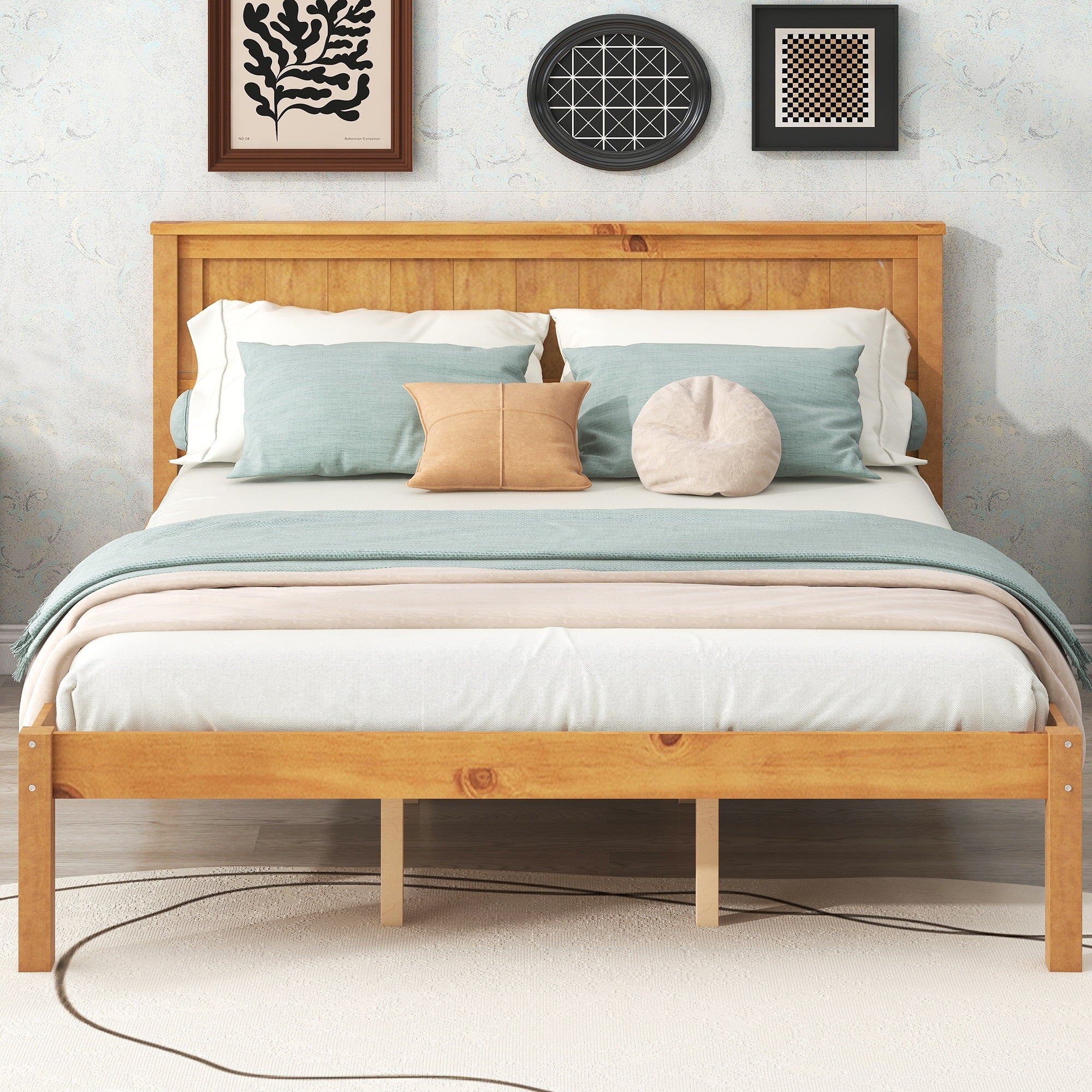 Oak Queen Platform Bed Frame with Headboard and Slats