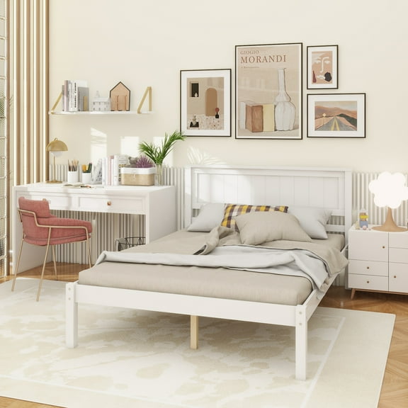 Platform Bed Frame with Headboard , Wood Slat Support , No Box Spring Needed ,Full,White