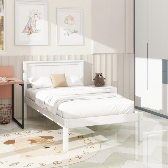 Platform Bed Frame with Headboard, Wood Slat Support, No Box Spring Needed,Twin, White