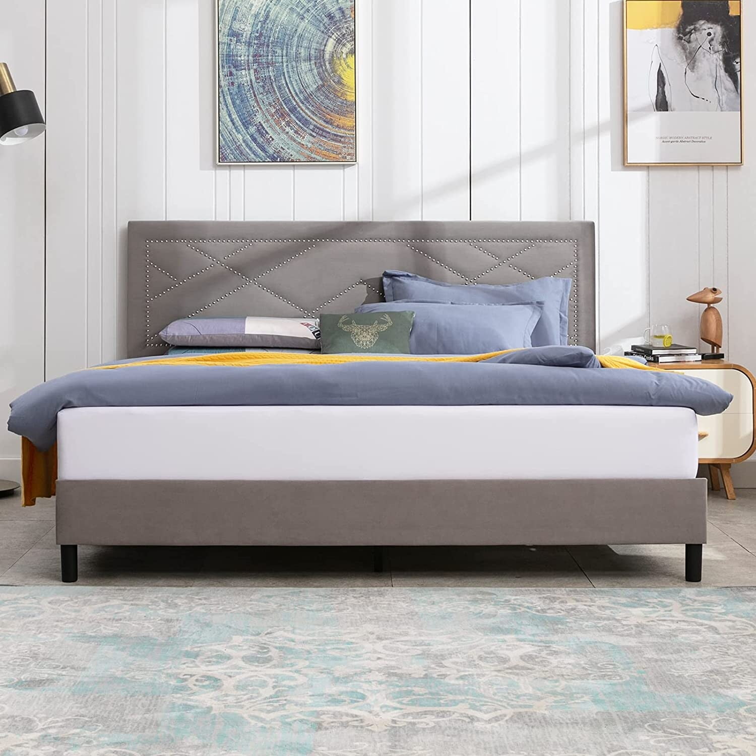 Platform Bed Frame with High Headboard, Upholstered Platform Bed with ...