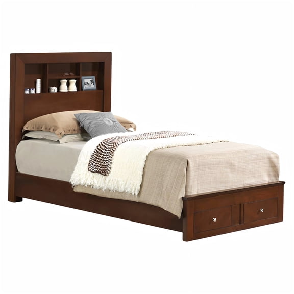 Platform Bed Frame with Storage, Twin Size with Headboard in Cherry Finish for Compact Spaces