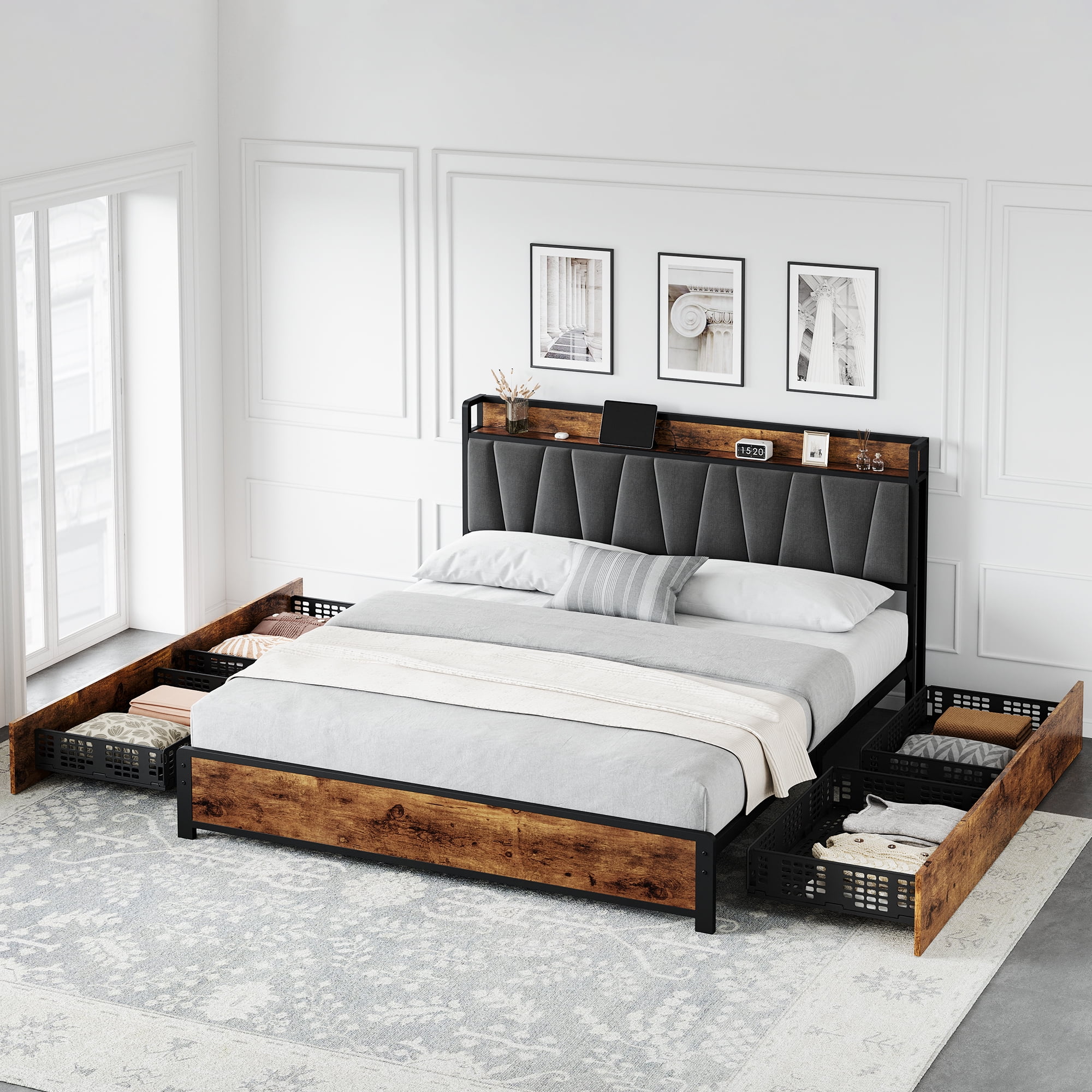 Platform Bed Frame with Storage and Charging Station​ - Vintage Brown Upholstered Bed with 4 Drawers. Quiet Heavy-Duty Metal Frame. king size