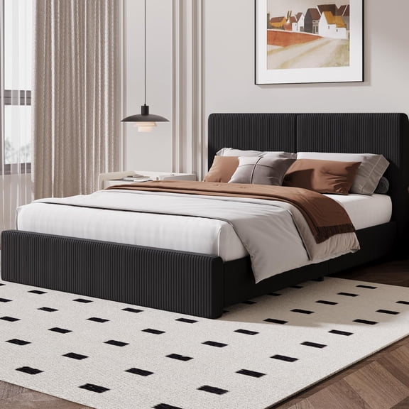 Platform Bed Frame with Upholstered Headboard, Strong Wood Slats Support, Noise-Free Design, No Box Spring Needed, Easy to Assemble