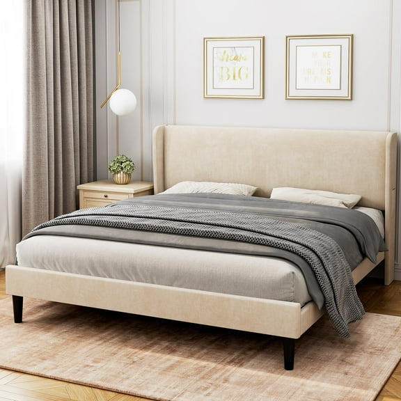 Platform Bed Frame with Upholstered Wingback, Upholstered Bed Frame with Wood Slats, Sturdy Support Feet, No Box Spring Needed, Easy Assembly