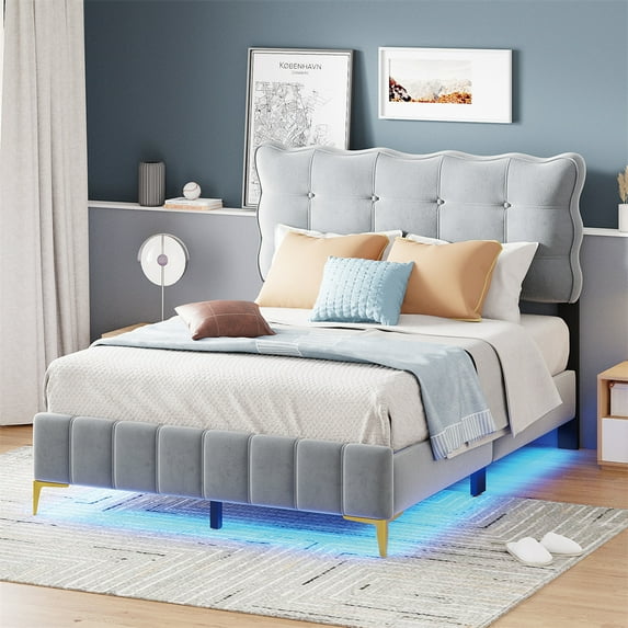 Platform Bed Full/Queen Bed Frame With LED Lights Metal Legs Velvet Headboard & Footboard No Box Spring Needed Easy Assembly
